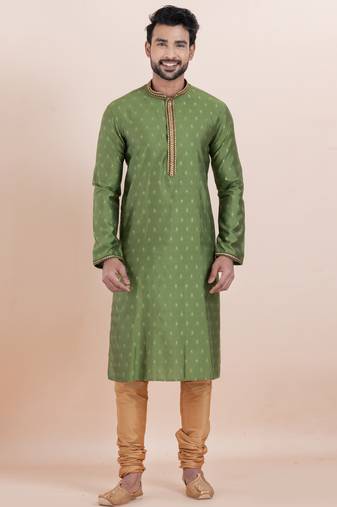 Olive green cotton silk jacquard premium designer festive wear kurta pyjama set