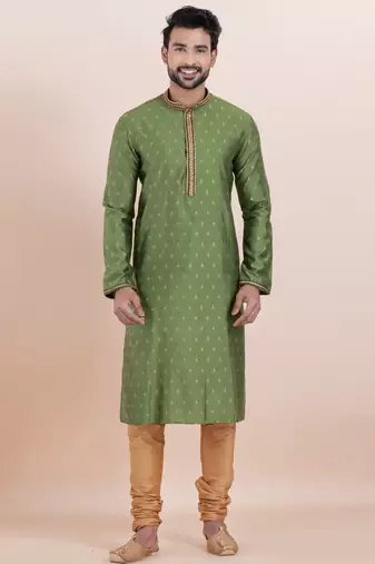 Olive green cotton silk jacquard premium designer festive wear kurta pyjama set