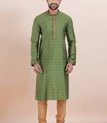 Olive green cotton silk jacquard premium designer festive wear kurta pyjama set