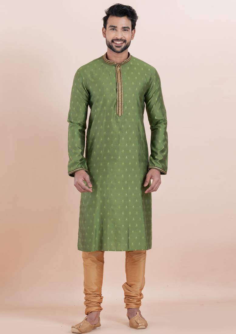 Olive green cotton silk jacquard premium designer festive wear kurta pyjama set