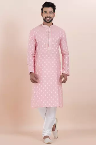 Pink cotton silk jacquard premium designer festive wear kurta pyjama set