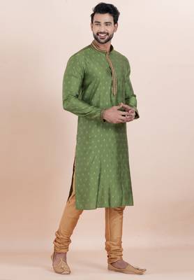Olive green cotton silk jacquard premium designer festive wear kurta pyjama set 2