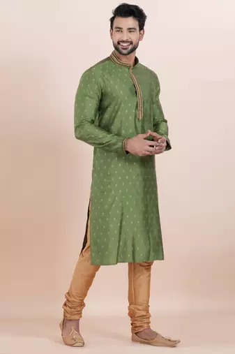 Olive green cotton silk jacquard premium designer festive wear kurta pyjama set