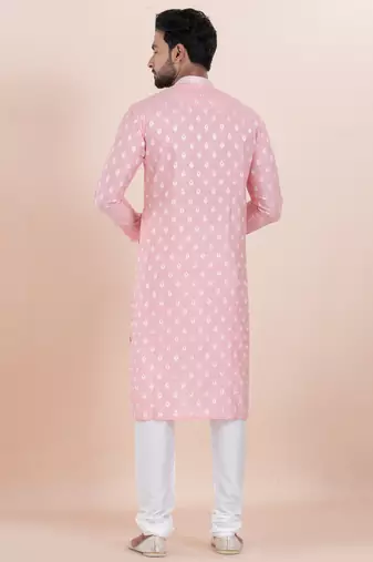 Pink cotton silk jacquard premium designer festive wear kurta pyjama set