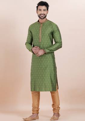 Olive green cotton silk jacquard premium designer festive wear kurta pyjama set 3