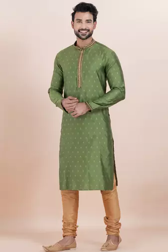 Olive green cotton silk jacquard premium designer festive wear kurta pyjama set