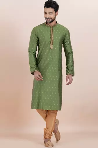 Olive green cotton silk jacquard premium designer festive wear kurta pyjama set