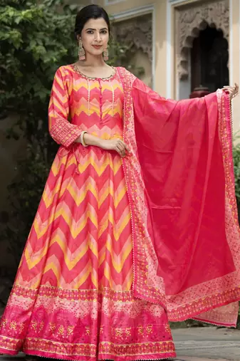 Red color beautiful dola silk gown with dupatta for ceremonial party look