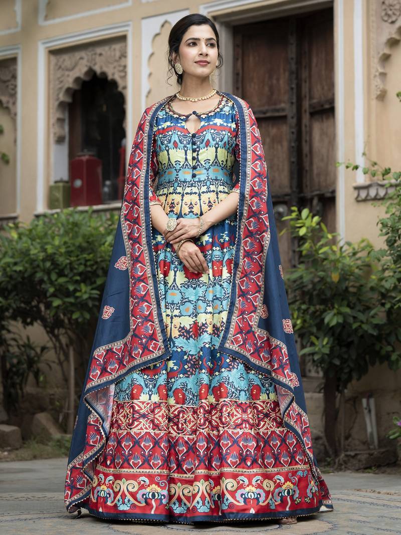 Blue color beautiful dola silk gown with dupatta for ceremonial party look