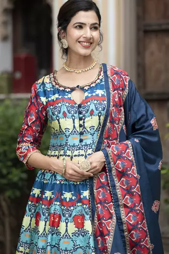 Blue color beautiful dola silk gown with dupatta for ceremonial party look