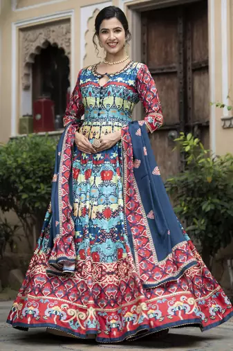 Blue color beautiful dola silk gown with dupatta for ceremonial party look