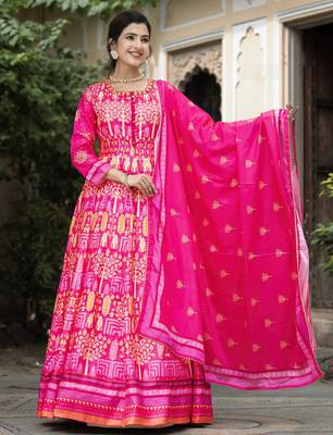 Pink color beautiful dola silk gown with dupatta for ceremonial party look 1