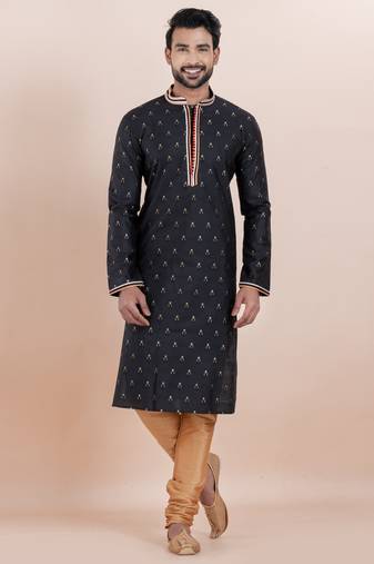Black cotton silk jacquard premium designer festive wear kurta pyjama set