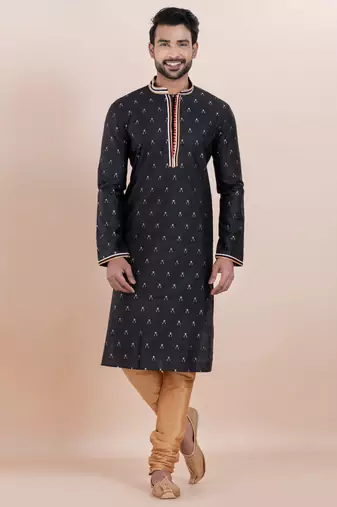 Black cotton silk jacquard premium designer festive wear kurta pyjama set