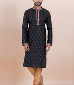 Black cotton silk jacquard premium designer festive wear kurta pyjama set