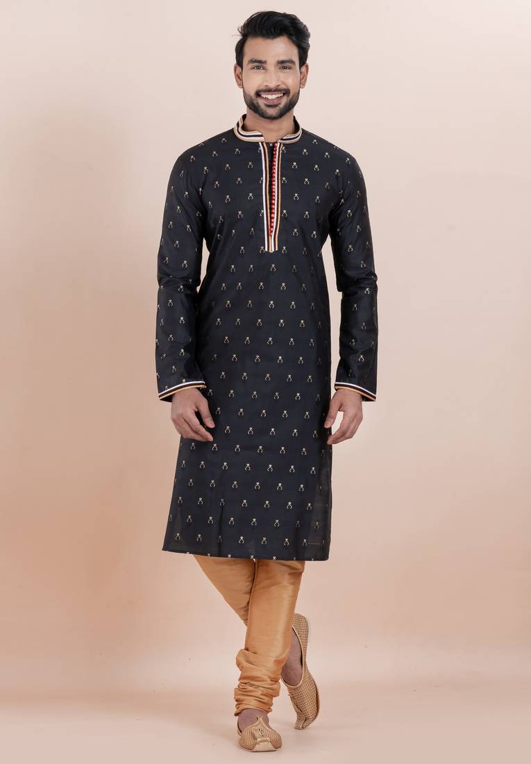 Black cotton silk jacquard premium designer festive wear kurta pyjama set