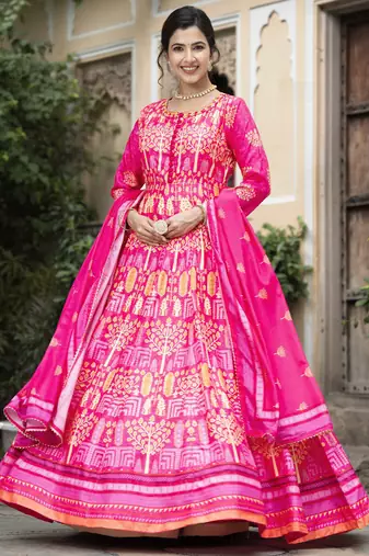 Pink color beautiful dola silk gown with dupatta for ceremonial party look