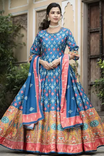 Blue color beautiful dola silk gown with dupatta for ceremonial party look