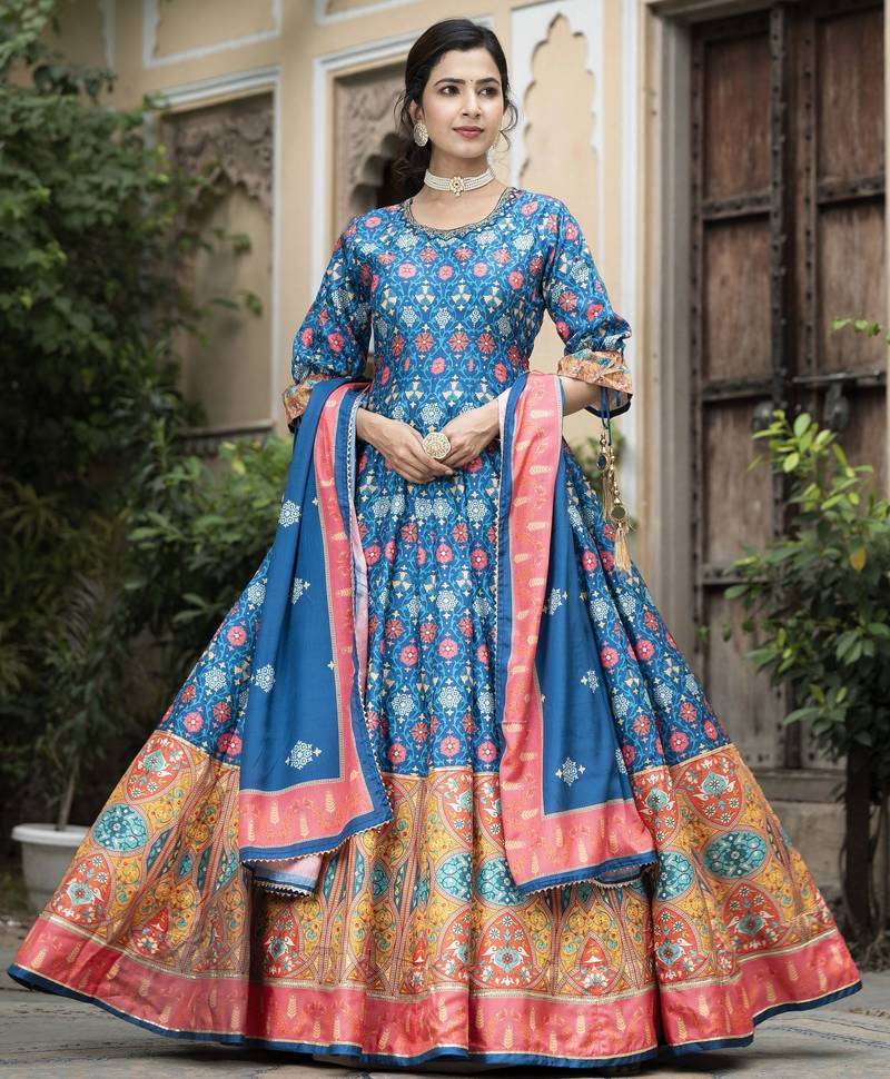 Blue color beautiful dola silk gown with dupatta for ceremonial party look