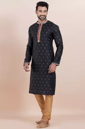 Black cotton silk jacquard premium designer festive wear kurta pyjama set