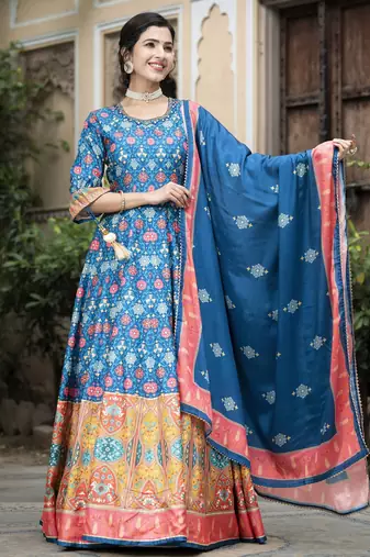 Blue color beautiful dola silk gown with dupatta for ceremonial party look