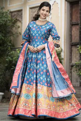 Blue color beautiful dola silk gown with dupatta for ceremonial party look
