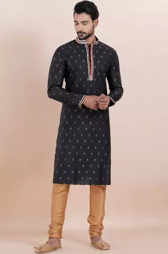 Black cotton silk jacquard premium designer festive wear kurta pyjama set