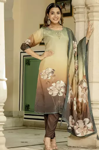 Green color beautiful printed readymade viscose silk suit with elegant handwork for party looks