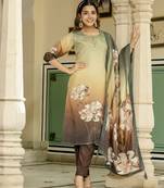 Green color beautiful printed readymade viscose silk suit with elegant handwork for party looks