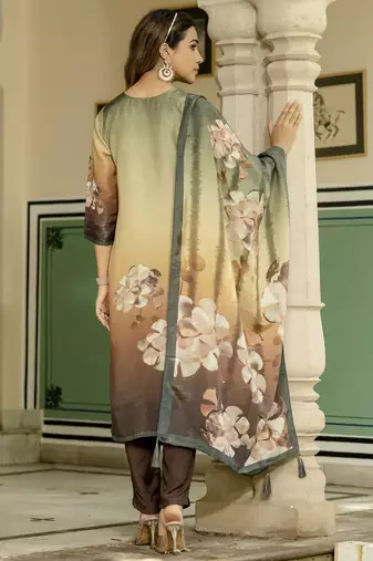 Green color beautiful printed readymade viscose silk suit with elegant hand for party looks