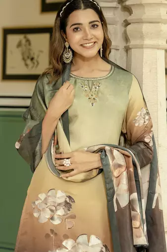 Green color beautiful printed readymade viscose silk suit with elegant hand for party looks