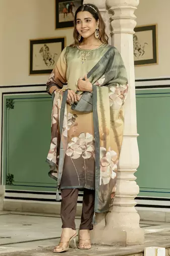 Green color beautiful printed readymade viscose silk suit with elegant hand for party looks