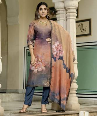 Peach color beautiful printed readymade viscose silk suit with elegant hand for party looks 1