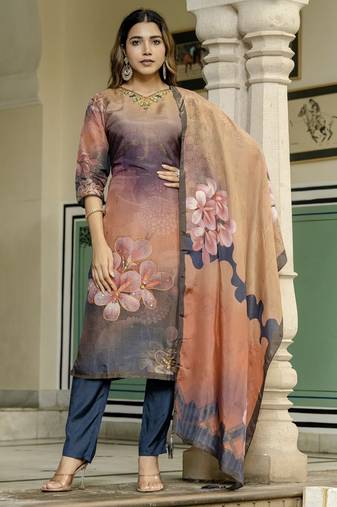Peach color beautiful printed readymade viscose silk suit with elegant handwork for party looks