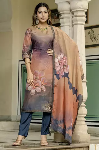 Peach color beautiful printed readymade viscose silk suit with elegant handwork for party looks