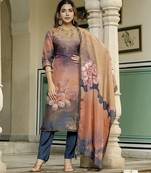 Peach color beautiful printed readymade viscose silk suit with elegant handwork for party looks