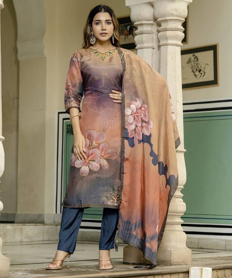 Peach color beautiful printed readymade viscose silk suit with elegant handwork for party looks