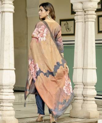 Peach color beautiful printed readymade viscose silk suit with elegant hand for party looks 2