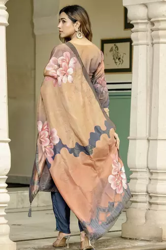 Peach color beautiful printed readymade viscose silk suit with elegant hand for party looks