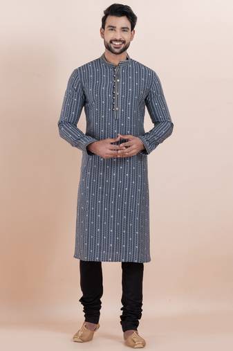 Grey color cotton silk jacquard premium designer festive wear kurta pyjama set