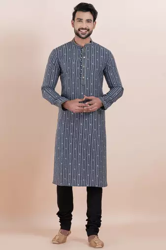 Grey color cotton silk jacquard premium designer festive wear kurta pyjama set