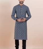 Grey color cotton silk jacquard premium designer festive wear kurta pyjama set