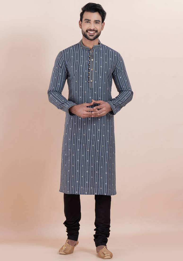 Grey color cotton silk jacquard premium designer festive wear kurta pyjama set