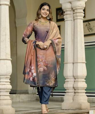 Peach color beautiful printed readymade viscose silk suit with elegant hand for party looks 4