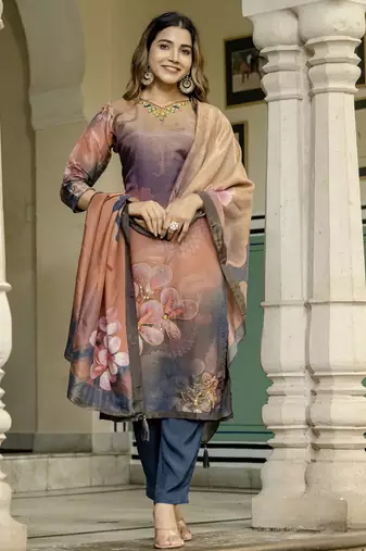 Peach color beautiful printed readymade viscose silk suit with elegant hand for party looks