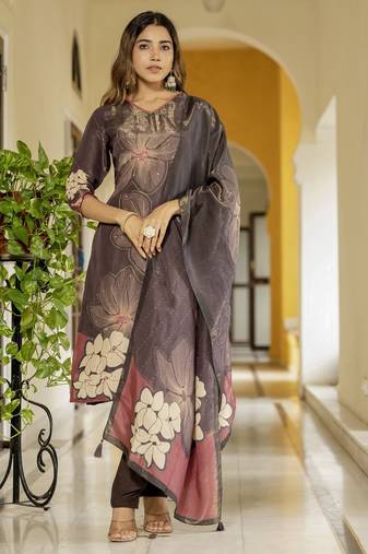 Coffee color beautiful printed readymade viscose silk suit with elegant handwork for party looks