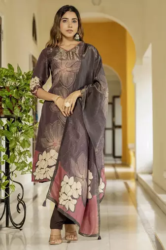Coffee color beautiful printed readymade viscose silk suit with elegant handwork for party looks