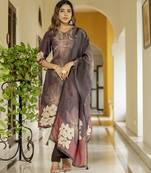 Coffee color beautiful printed readymade viscose silk suit with elegant handwork for party looks