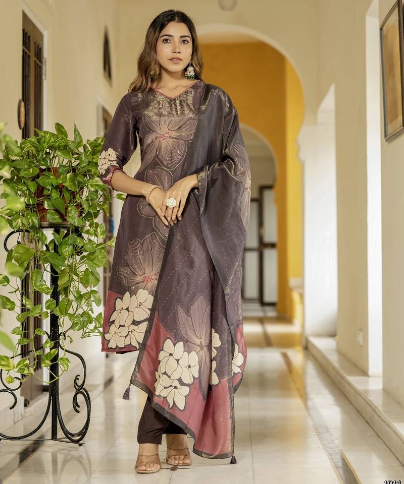 Coffee color beautiful printed readymade viscose silk suit with elegant handwork for party looks