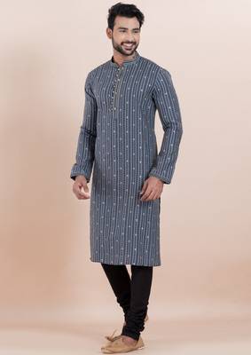 Grey color cotton silk jacquard premium designer festive wear kurta pyjama set 3
